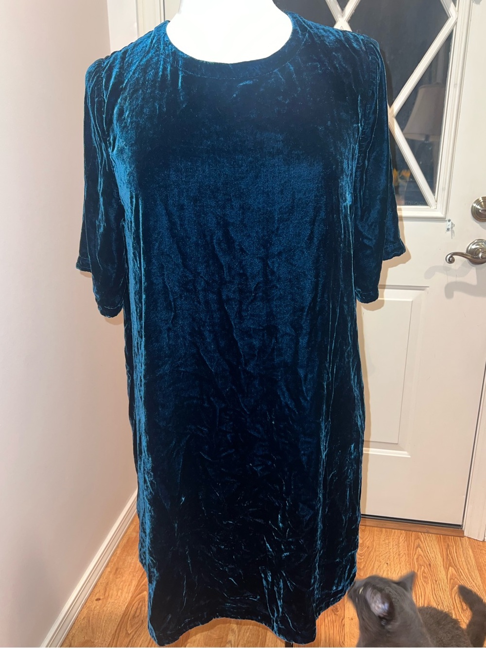 EILEEN FISHER STRETCH VELVET DRESS. SHORT SLEEVE DRESS. Green VELVET. SIZE Large